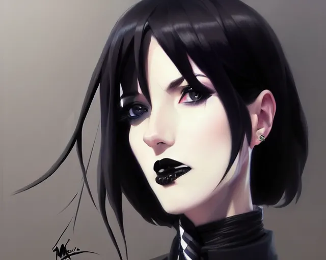 Image similar to a ultradetailed beautiful portrait panting of a stylish goth woman, wearing a shirt with a tie, dramatic, she has black hair, fashion, by makoto shinkai, greg rutkowski and hajime sorayama, trending on artstation