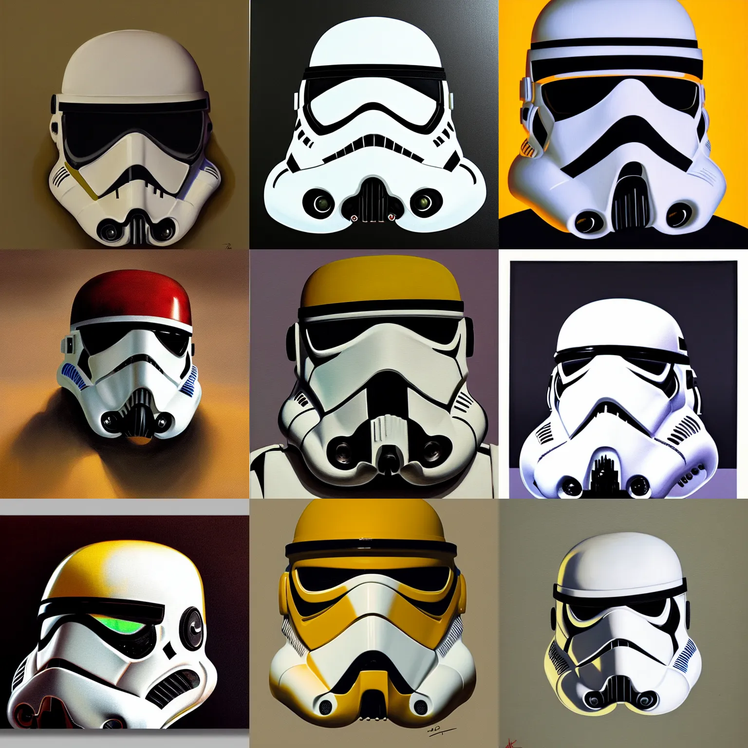 Prompt: Storm Trooper helmet concept art by Pascal Blanché oil on canvas, saturated yellow, desert cinematic lighting