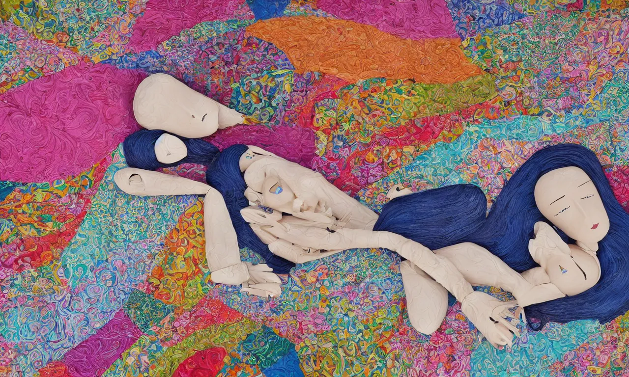 Image similar to a portrait of a beautiful female mannequin, a jointed wooden art doll with long flowing hair, sleeping on a colourful patterned quilt with a cat asleep next to her, cats sleeping, by Laurel Burch