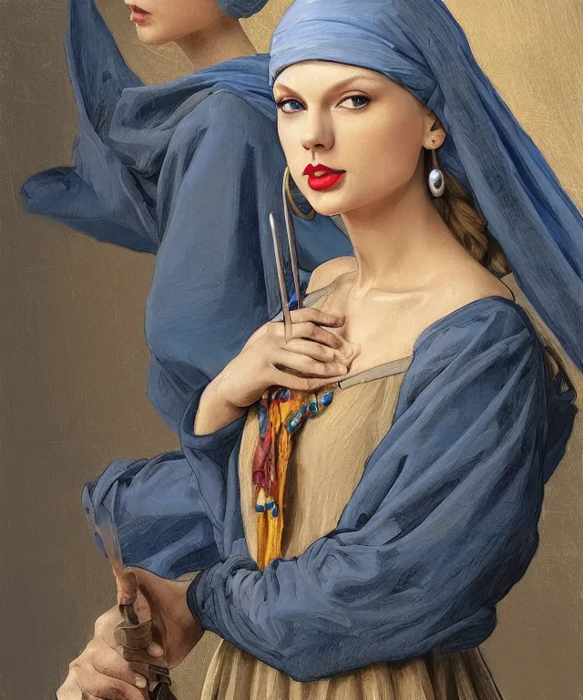 Image similar to Taylor Swift as the girl with the pearl earring, highly detailed, digital painting, artstation, concept art, smooth, sharp focus, illustration, ArtStation, art by artgerm and greg rutkowski and alphonse mucha and J. C. Leyendecker and Edmund Blair Leighton and Katsuhiro Otomo and Geof Darrow and Phil hale and Ashley wood and Ilya repin and Charlie Bowater