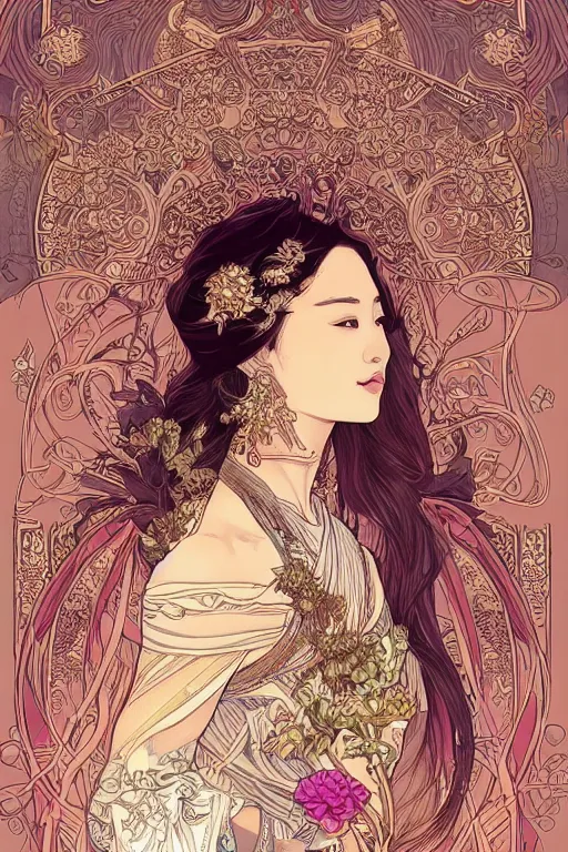 Image similar to beautiful and detailed digital illustration of thai princess by kittichai rueangchaichan, floralpunk, Artstation, art nouveau aesthetic, Alphonse Mucha background, intricate details,concept art, realistic, dramatic, detailed intricate ink illustration, heavenly atmosphere