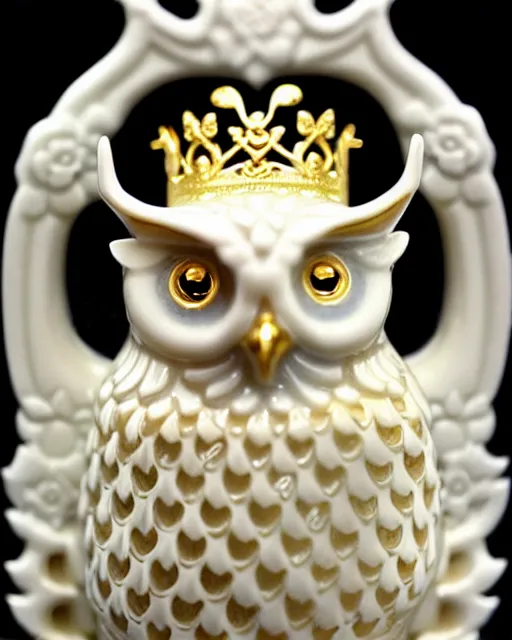 Image similar to royal ornate snow white porcelain realistic detailed owl sanctuary stronghold fortess with golden filigree carved out of ivory