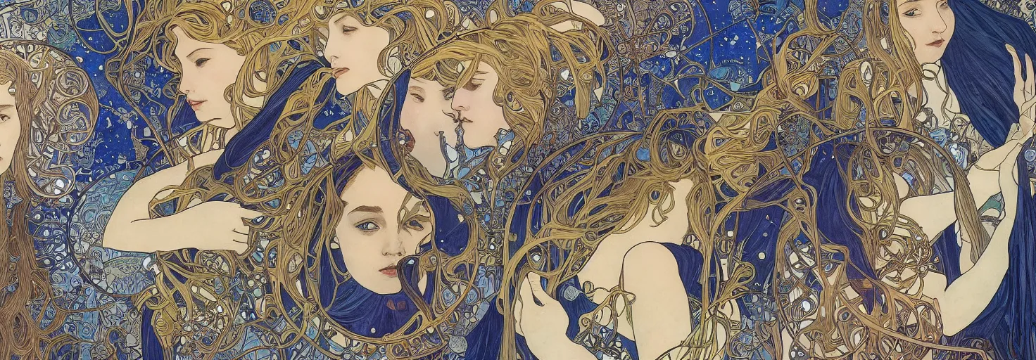 Prompt: the longest night, awardwinning art by sana takeda and alphonse mucha, cloaked dark winter night, astronomical star constellations and watch gears, traditional moon and candle and tattoo, maiden and fool and crone, ultramarine blue and gold, intricate stained glass