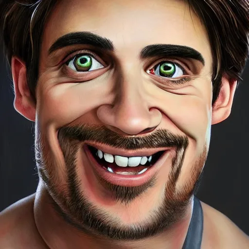 Image similar to Caricature portraits done of Vinny Vinesauce, realistic, hyperrealistic, very realistic, highly detailed, very detailed, extremely detailed, detailed, oil painting, digital art, trending on artstation