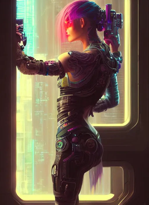 Image similar to art by ross tran, full body portrait of cyberpunk woman looking out of a window, cyberpunk setting, futuristic, highly detailed, intricate lighting, digital painting, sharp focus, illustration, cinematic, trending on artstation, by anna dittmann, karol bak, charlie bowater.