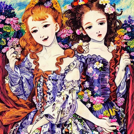 Image similar to renaissance, baroque, post impressionism group of creepy young ladies wearing renaissance long harajuku manga dress with flowers and skulls, background chaotic flowers