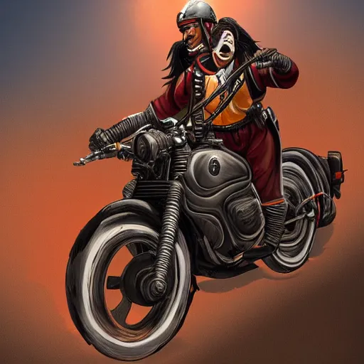 Image similar to Inca Atahualpa riding a motorcycle, detailed, highly detailed, digital paiting, artstation