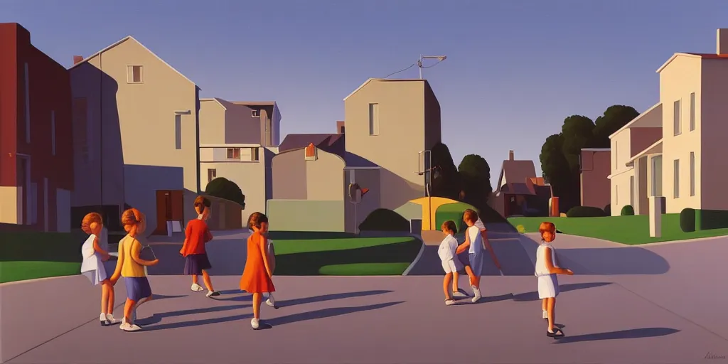 Image similar to quiet kids in the street, blue sky, summer evening, kenton nelson