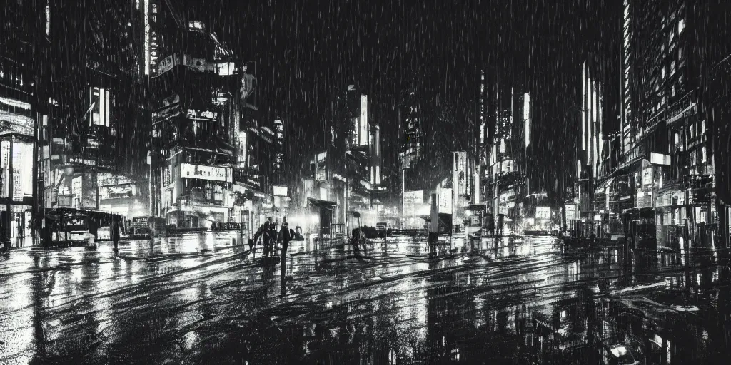 Image similar to a city street at night, raining, photograph, cyberpunk, sharp focus, intricate detail, Desolate, drone shot,