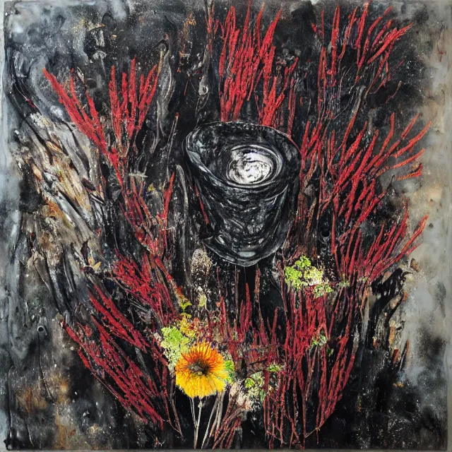 Image similar to “ charred, bushfire, a portrait in a female art student ’ s apartment, australian wildflowers, sensual, queer woman, flax, flannel flower, bottlebrush, eucalyptus, art supplies, a candle dripping white wax, aboriginal art, berry juice drips, acrylic and spray paint and oilstick on canvas, surrealism, neoexpressionism ”