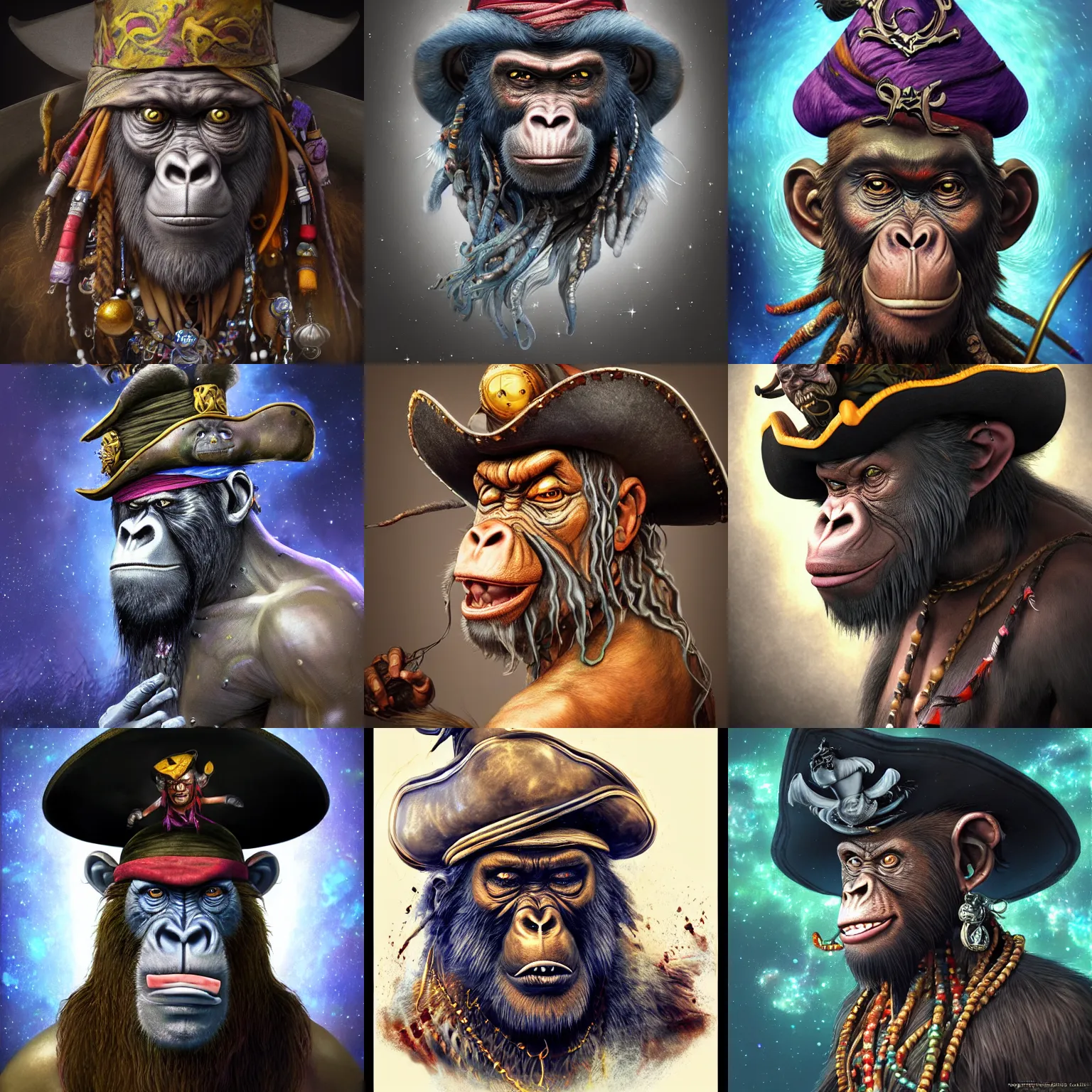 Prompt: a wlop 3 d render of very very very very highly detailed beautiful mystic portrait of a angry voodoo ape pirate in a hat with whirling galaxy around, tattoos by anton pieck, intricate, extremely detailed, digital painting, artstation, concept art, smooth, sharp focus, illustration, intimidating lighting, incredible art,