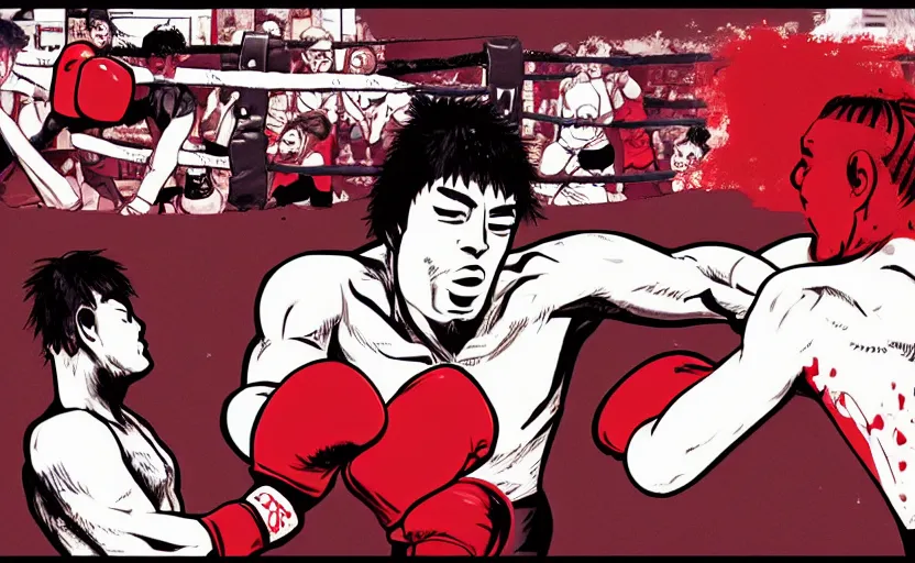 Image similar to a violent boxing match, a boxer punches a boxer in the face, anime, manga panel, masterpiece, by joji morikawa, 4 k wallpaper, ink and screentone, bloody, hajime no ippo manga inspired