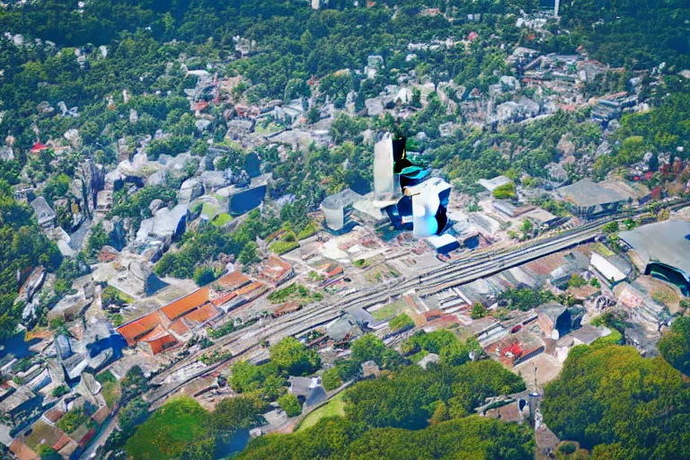 Image similar to bird's eye view photography of a small city. town hall, central farm, monorail station, beach and shipping dock. hills, woods and lake to the north.