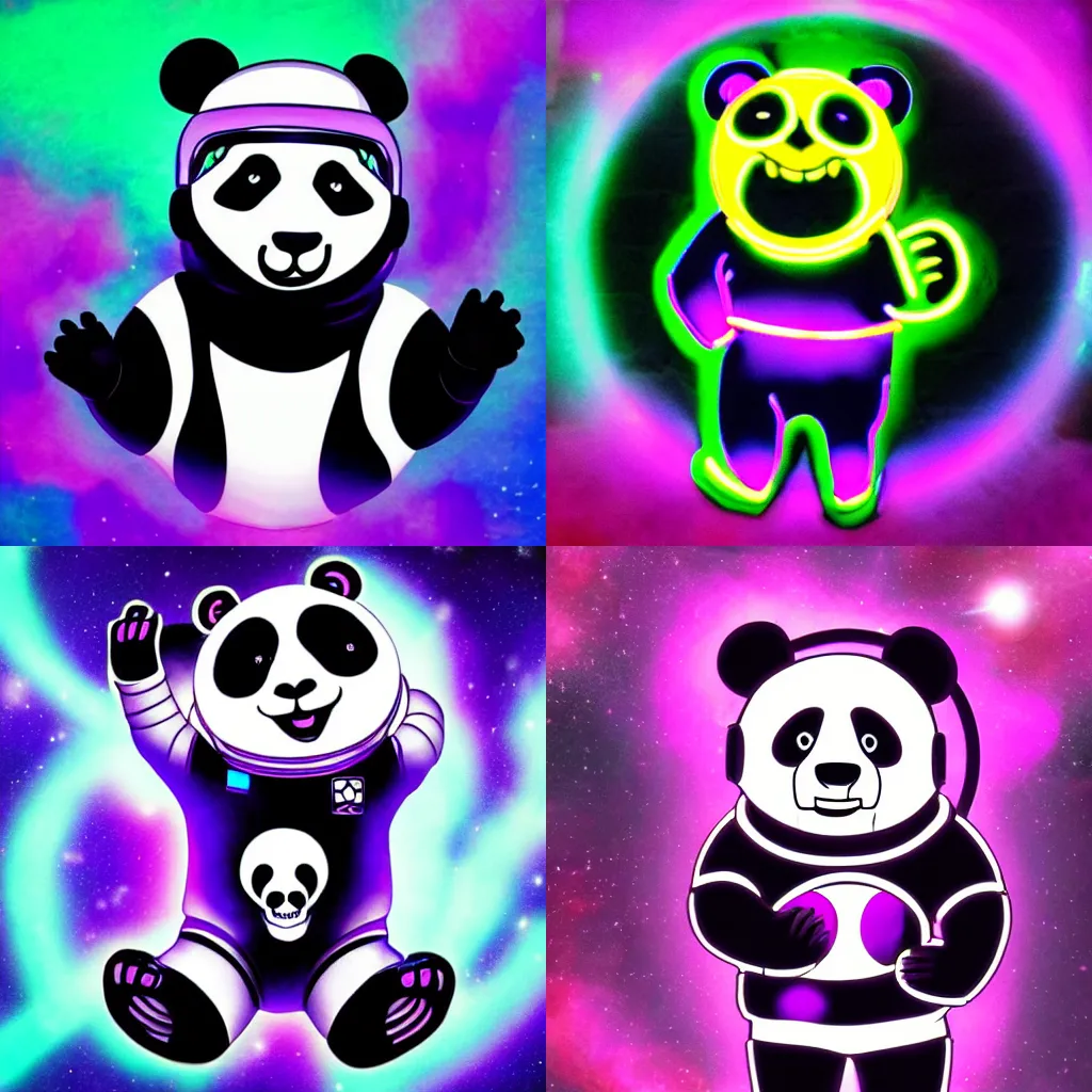 Prompt: panda astronaut with a skull head standing in front of a neon purple glowing ring in space, intricate, epic lighting, cinimatic composition, hyperrealistic,