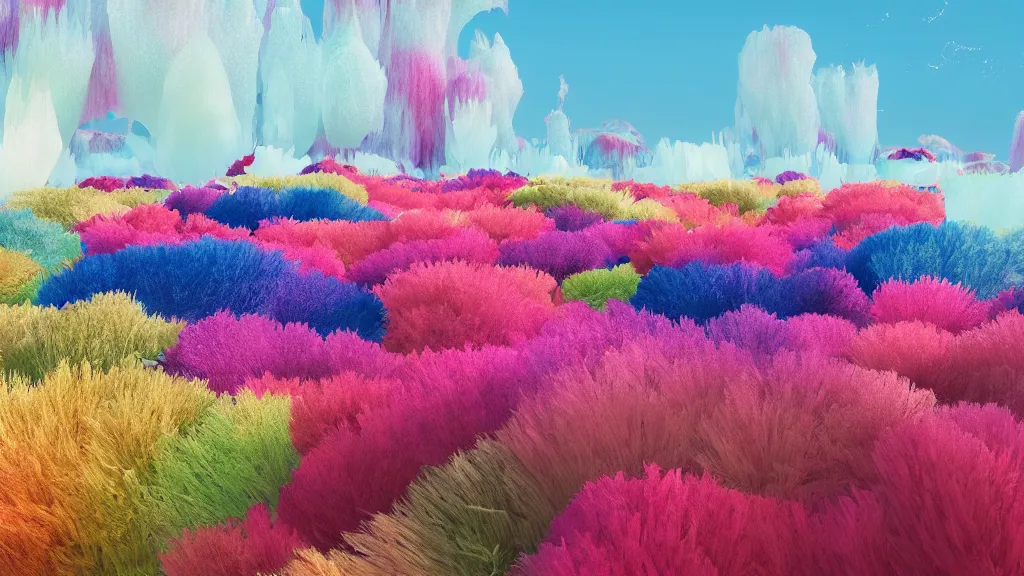 Image similar to digital illustration of a lake full of multi - colored megaflora ice plants by dr. seuss, reimagined by ilm and beeple : 1 | spectral color, electric color, rolling hills : 0. 9 | fantasy : 0. 9 | unreal engine, deviantart, artstation, hd, 8 k resolution : 0. 8