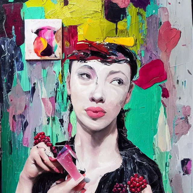 Prompt: “ a portrait in a queer female art student ’ s apartment, a big diamond, skyscraper, a pomegranate, art supplies, paint tubes, palette knife, pigs, ikebana, herbs, a candle dripping white wax, squashed berries, berry juice drips, acrylic and spray paint and oilstick on canvas, surrealism, neoexpressionism ”