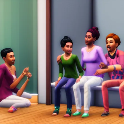 Prompt: Photo of a sims 4 family sitting on the toilet while holding hands, video game, 4k, high quality, wide angle,