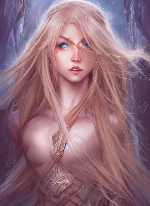 Image similar to beautiful fairy lady, blonde long hair, practical armor, brown skin, demonic eyes, low fantasy, extremely detailed, sharp focus, smooth, digital illustration, by rossdraws, frank franzzeta, sakimichan