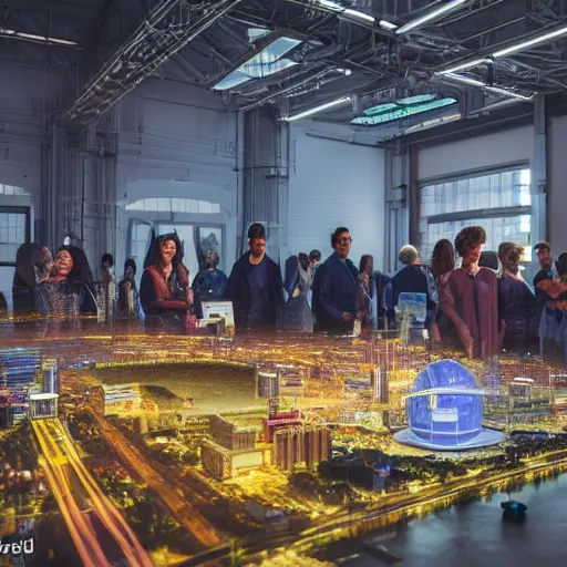 Prompt: large group people in open warehouse, looking at hologram of futuristic city on a table, cinematic still 1 2 0 mm, godrays, golden hour, natural sunlight, 4 k, clear details, tabletop model buildings, tabletop model, hologram center, crane shot, crane shot, crane shot