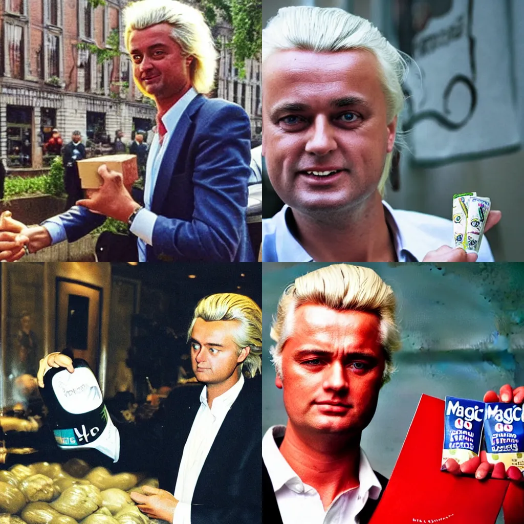 Prompt: iconic picture of Geert Wilders selling magic beans