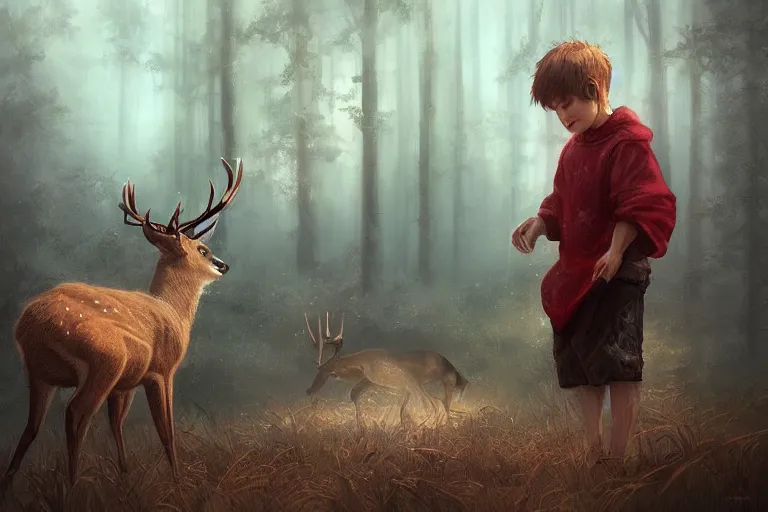 Image similar to a boy meeting a deer god, by WLOP on artstation,