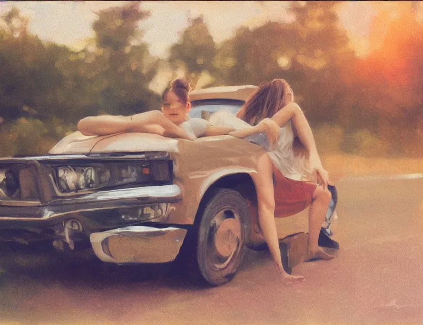 Prompt: girl sitting on a bumper of a car in the early morning, long distance photo, golden hour, bleach bypass, warm tones, beige colors, sunlight, digital 2 d, polaroid, high - key lighting, by lisa yuskavage, by serov valentin, by krenz cushart