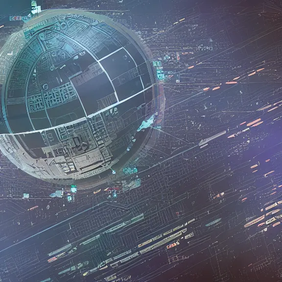 Image similar to a matte drawing of a cyberpunk city planet, highly detailed surface, taken from outer space. Circuitboard-like designed planet. Digital art, space art.