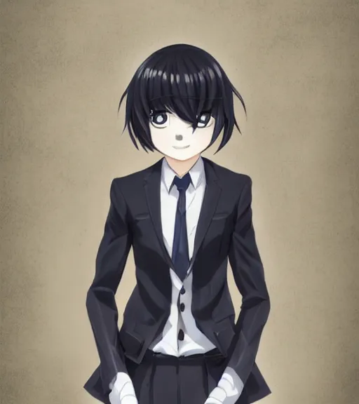 Image similar to a professional 8 5 mm portrait photograph of shuichi saihara from danganronpa, an 1 8 year old japanese man with gray eyes, long eyelashes, feminine features, black school uniform, and dark blue hair, emo, thin eyebrows, beautiful features, detective