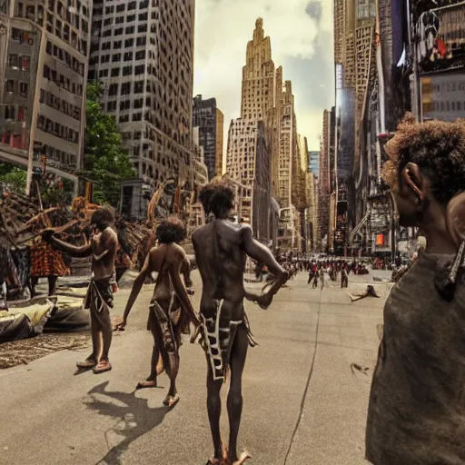 Prompt: detailed 4 k photorealistic papuan tribe walk in detailed new york in the style of nick ut and eddie adams and margaret bourke and yousuf karshs and alfred eisenstaedt