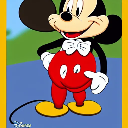 Image similar to a mouse with red pants and yellow shoes smiles, animated, disney