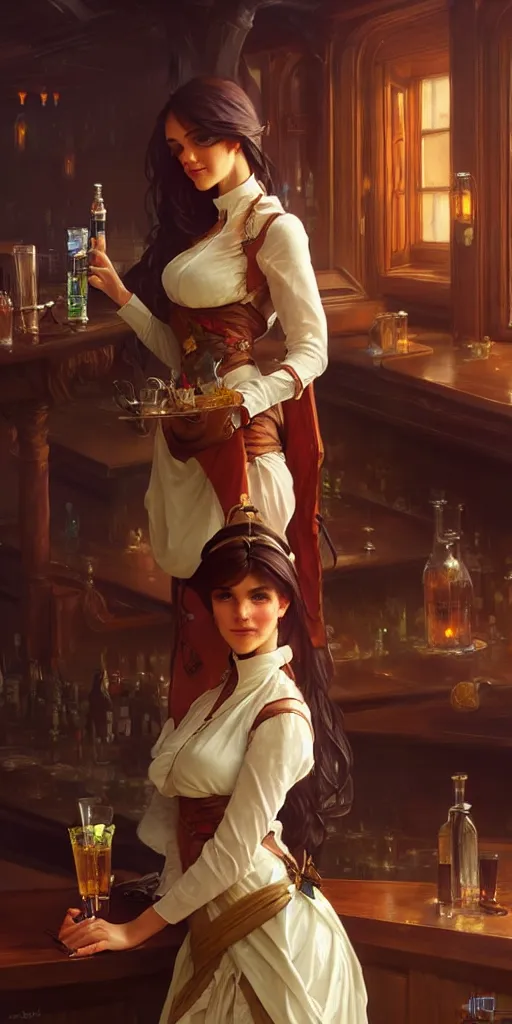 Prompt: a fantasy setting barkeep in customary attire, highly detailed, digital painting, artstation, concept art, smooth, sharp focus, illustration, art by artgerm and greg rutkowski and alphonse mucha