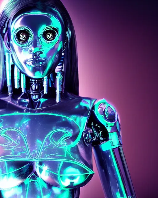 Image similar to A female cyborg extraterrestrial plastic and metal warrior with beaming nebulous eyes writing on a three-dimensional. computer hologram, insanely detailed