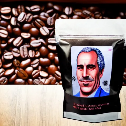 Prompt: A bag of coffee beans with Jeffrey Epstein depicted on the front