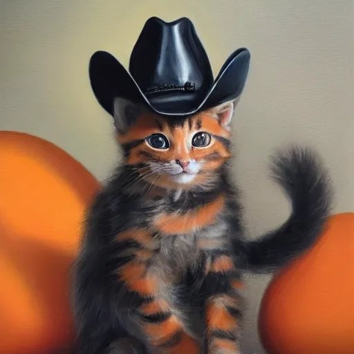 Image similar to a portrait of an orange kitten wearing a cowboy hat and a black leather jacket, oil painting, detailed