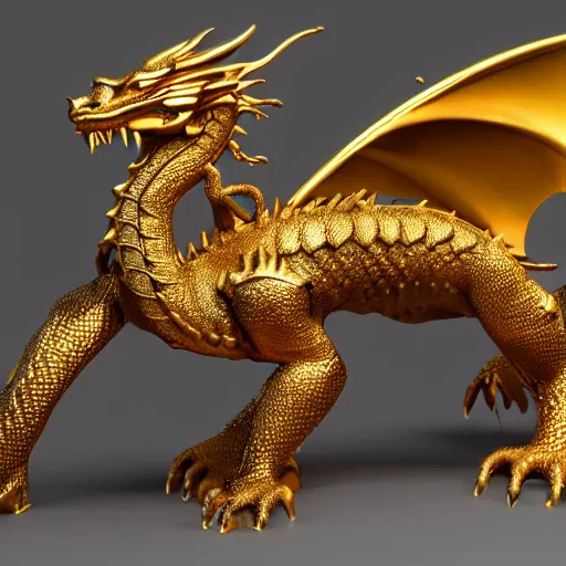 Prompt: a golden dragon that is heavily injured with a stump leg, fantasy, intricately detailed, 8 k render, ultra high resolution, trending on artstation