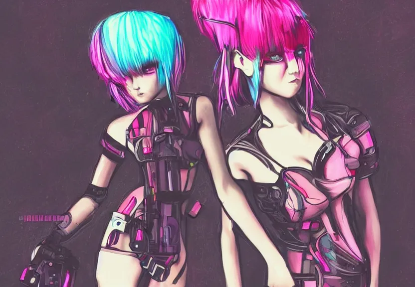 Image similar to little android girl with eccentric pink haircut wearing black feather dress, cyberpunk, anime style artwork, dark, neon, anatomically perfect