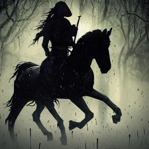 Prompt: a knight riding a shadow horse, knight's face is covered in black, rain, forest
