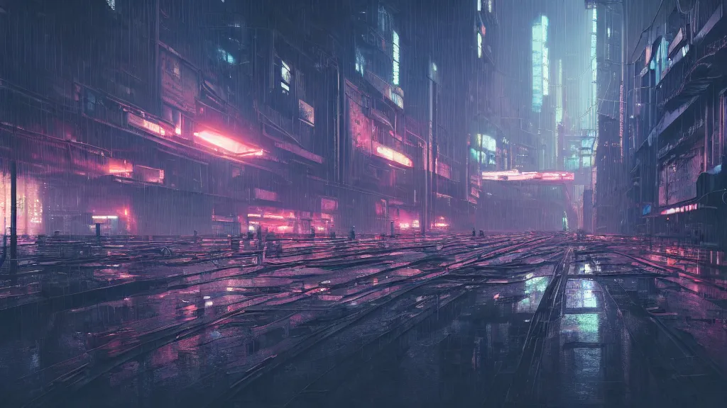 Prompt: cyberpunk industrial site. cyberpunk factories. cyberpunk city backdrop. night time. blade runner. rain. rail tracks. cyberpunk industrial area. digital render. digital painting. beeple. noah bradley. cyril roland. ross tran. trending on artstation