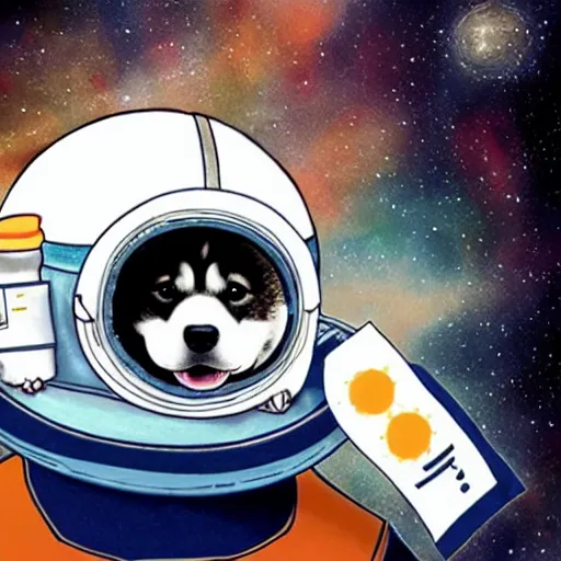Prompt: a Shiba Inu wearing an astronaut helmet, surrounded by cosmic space