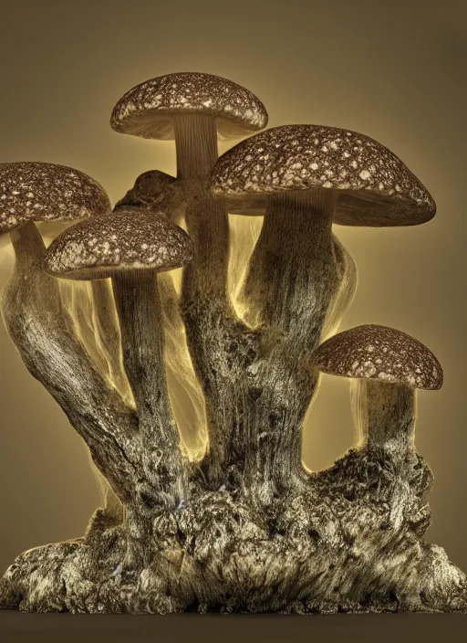 Image similar to mycelium growing into a mushroom, 3 d render in octane, glossy, fractals, beautiful lighting, fog, depth, under water, ernst haeckel