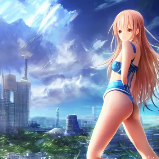 Prompt: a giant macro very beautiful young yuuki asuna, full body, long wavy blond hair, sky blue eyes, full round face,, bikini, miniskirt, stepping on a miniature city, cinematic wallpaper by stanley artgerm lau