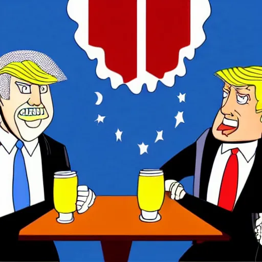 Image similar to cartoon drawing of Biden and Trump together drinking a lemon drink with Rio de Janeiro mountains on the background