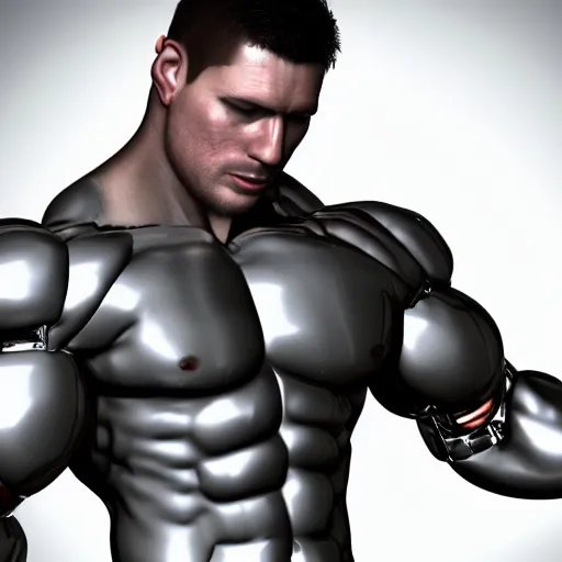 Image similar to a realistic detailed photo of a bodybuilder who is also a male android Chris Redfield, shiny skin, posing robotically, blank stare