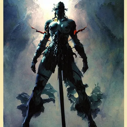 Prompt: warrior by peter andrew jones and akihiko yoshida, rule of thirds, seductive look, beautiful