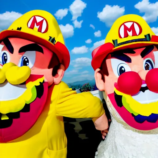 Prompt: Ultra HD photo of a Wario-themed wedding, bride and groom dressed as Wario and Waliuigi, all guests dressed up as Mario characters, award winning wedding photography, 8k resolution, extremely realistic