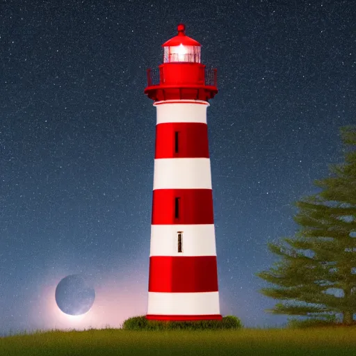 Image similar to A red and white striped lighthouse shining out onto the sea; a white house with a red roof with the lights on inside; thin dark trees behind; nighttime with stars behind; full moon;Octane 8K Rendering,