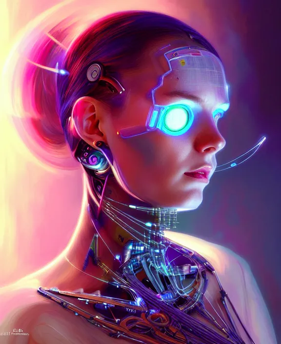 Image similar to a whirlwind of souls rushing inside the metaverse, hologram, half body, neurochip, shaved temple, piercing, jewelry, android, cyborg, cyberpunk face, by loish, d & d, fantasy, intricate, elegant, highly detailed, colorful, digital painting, artstation, concept art, art by artgerm and greg rutkowski and alphonse mucha