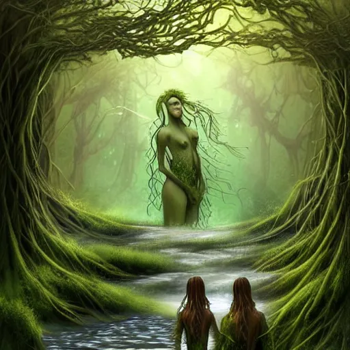 Image similar to beautiful digital fantasy illustration of A woody green field with a stream running through it, with a group of dryad women standing in the water. They seem to be preparing to submerge themselves in the cool, clear waters of the stream. a creepy creature standing in front of a mirror!, concept art by Alex Horley-Orlandelli!!, cgsociety contest winner!!!, cgsociety, fantasy art, highly detailed, soft lighting, rendered in octane, masterpiece, very very very aesthetic