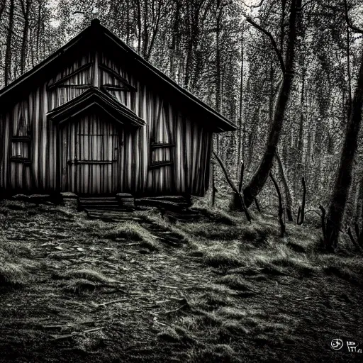 Prompt: very realistic photo of the wooden hut located near the dark forest, slavic mythology, bilibin style, noir, wide lens, 8 k