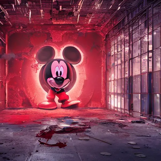 Image similar to a giant mickey mouse head, factory floor, dissected by network executives, octane render, cgstation, 3 d render, very detailed, mindblowing, blood and guts, gritty, cyberpunk, red and cinematic lighting, hyper realism